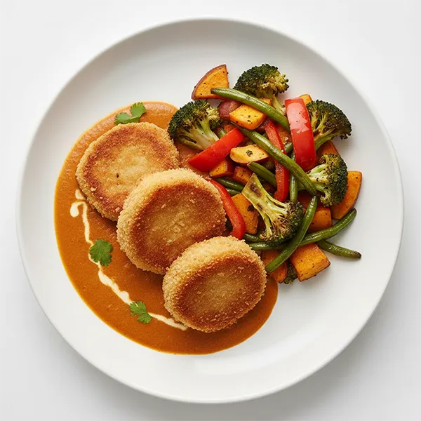 Breaded chickpea cutlet with spiced coconut curry and Roasted veggie medley